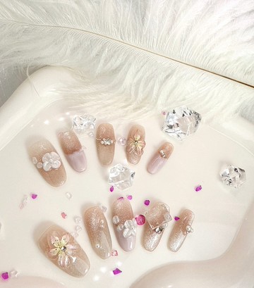 【TING】暖霧花語 - 奶茶貓眼立體花卉穿戴甲 S碼