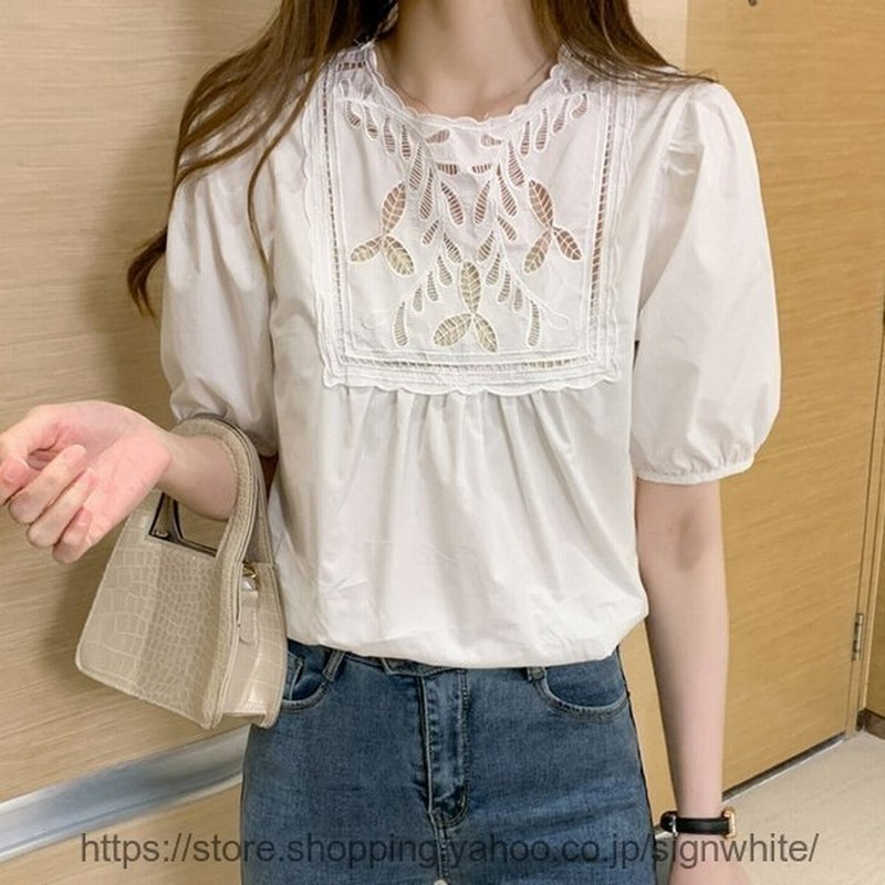 レディースブラウス春夏40代白オシャレブラウス半袖チュニック韓国風パフスリーブtシャツレース透かし雕り薄手白トップス体型カバー 通販 Lineポイント最大0 5 Get Lineショッピング