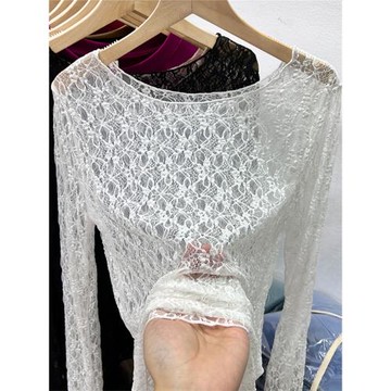圓領性感透視勾花蕾絲衫女長袖2025春夏季性感修身內搭網紗打底衫