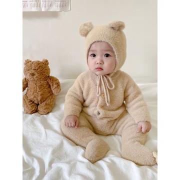 ins爆款嬰兒春秋裝男女裝寶寶超萌水貂毛爬服可愛熊包腳連體哈衣