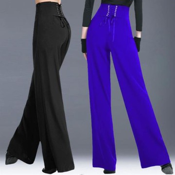 后背系帶摩登舞褲女國標舞交誼拉丁舞長褲廣場舞高腰闊腿跳舞褲子