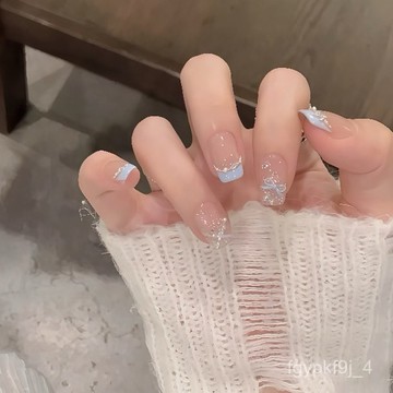 💕純手工💕純手工穿戴甲【奶藍法式】僊女溫柔氣質顯白純手工穿戴甲2025新款短款貓眼美甲貓眼穿戴甲顯白美甲片 VWXI