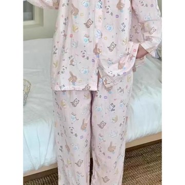 小奶貓翻領春秋款大碼睡衣女士長袖純棉雙層紗布薄款家居服套裝