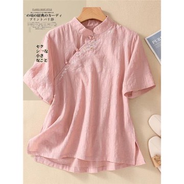 子末青合~高端提花棉麻襯衫女短袖立領斜襟刺繡茶服小衫亞麻上衣