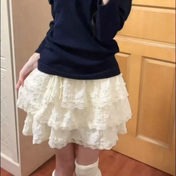 韓系小裙子女重工蕾絲花邊拼接蓬蓬蛋糕裙甜美少女風穿搭婦半身裙