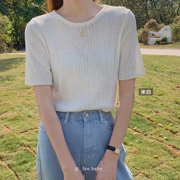 【Fee隔日到貨5色】圓領針織短袖上衣🔥針織衫 女上衣 短袖針織 短T T恤 針織上衣 韓國女裝 秋冬