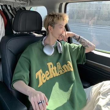 綠色復古潮牌短袖t恤男美式高街oversize潮流300g克重磅7分體袖夏