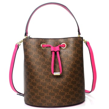 KARL LAGERFELD卡爾 老佛爺滿版KL logo防刮皮革手提斜背兩用水桶(深咖桃)