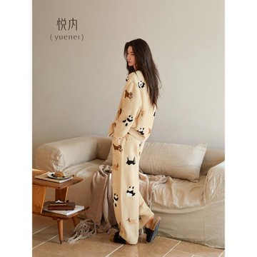 悅內半邊絨睡衣女款冬季秋冬珊瑚絨保暖家居服冬天毛絨可外穿熊貓