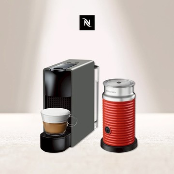 【Nespresso】膠囊咖啡機 Essenza Mini 優雅灰 Aeroccino3 紅色奶泡機組合 (贈咖啡組+膠囊折扣金)