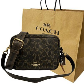 COACH 新款C LOGO女款雙層斜背相機包附紙袋(深咖/金)