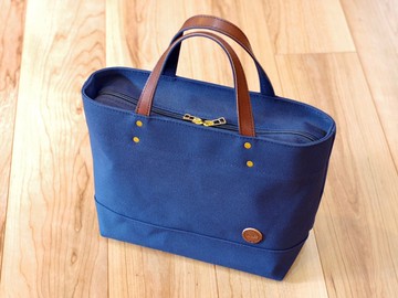 SALE 皮革提把帆布托特包 S 尺寸 (拉鍊封口) 海軍藍