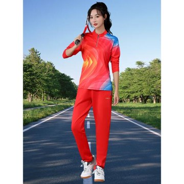快干長袖長褲羽毛球服套裝秋冬女修身紅藍色速干衣乒乓球服運動排