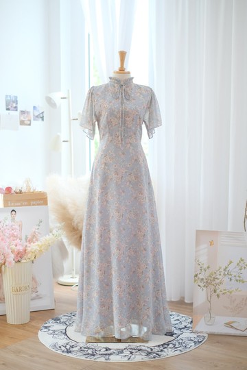 雪紡連衣裙 淺藍色 長裙 碎花 短袖