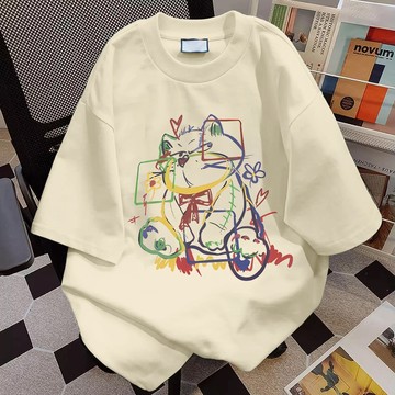 復古塗鴉貓咪 短袖T恤女 oversize 重磅短袖 T恤 短袖上衣 美式潮牌 美式短袖 寬鬆T恤 情侶短袖 韓版上衣