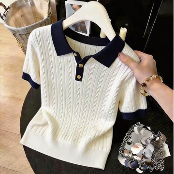 翻領針織衫 POLO衫 寬鬆顯瘦80-0斤撞色麻花翻領短袖T恤女夏季韓系正肩冰絲上衣薄0912