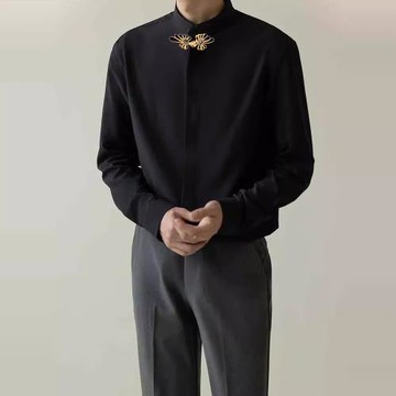 啄木鳥金領襯衫男新中式輕熟風男裝韓版刺銹盤扣免燙襯衣立領5073