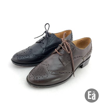 Ea專櫃真皮女鞋 零碼鞋35號 真皮細紋素色圓頭綁帶 輕量木跟 牛津鞋 學生鞋(咖/黑)7604