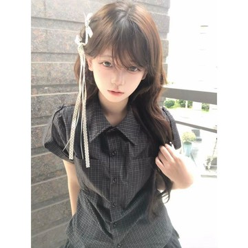 【WYZ】x美式辣妹短袖襯衫女2026夏季新款復古休閒收腰顯瘦正肩短款上衣潮
