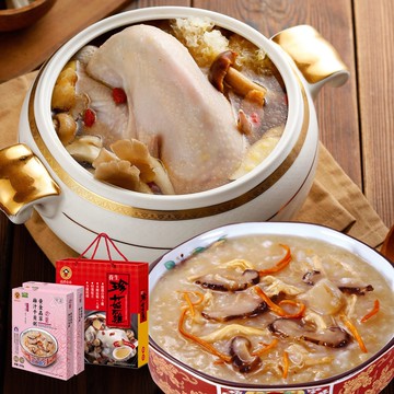 養生珍菇雞3500gx1盒+黃金蟲草雞汁干貝粥350gx2盒 ⭐嚴選正宗台灣土雞 多種菇類、人蔘、數種珍貴中藥配料
