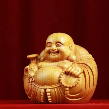 崖柏木彌勒佛手把玩件車擺件一團和氣飾品文玩把件木質笑佛工藝品