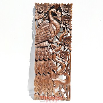 泰國柚木雕花板 孔雀鹿花卉松樹35*90cm泰北玫瑰樣式全1入