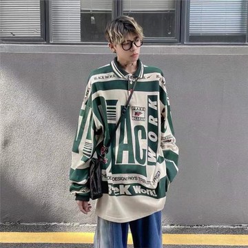 美式復古拼色寬松polo衫衛衣男秋季痞帥潮牌hiphop長袖上衣外套潮