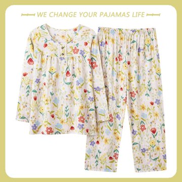 2025年新款女士棉綢長袖睡衣夏季空調房薄款可愛人造棉套裝家居服