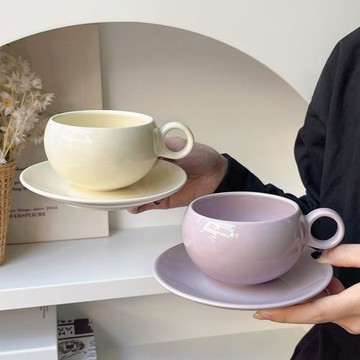 純色胖胖陶瓷咖啡杯碟套裝下午茶碟組合甜品盤咖啡杯子