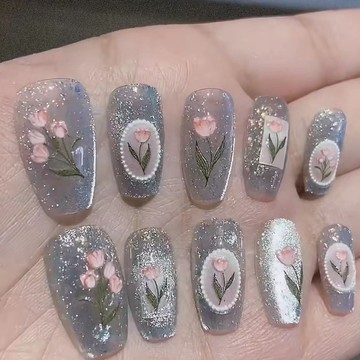 💜Hannah💛高定版純手工穿戴甲新款浮鵰花花貓眼可拆卸美甲純欲仙女穿戴甲