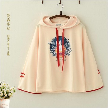 日系森女秋裝兔子印花連帽長袖衛衣中學生少女閨蜜裝可愛帽衫上衣