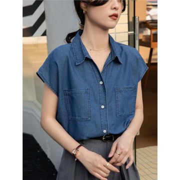 百搭復古牛仔襯衫女夏季設計感小眾輕薄純棉上衣通勤無袖牛仔襯衣