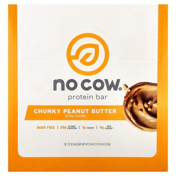 No Cow, 蛋白棒，小塊花生醬，12 條，每條 2.12 盎司（60 克）