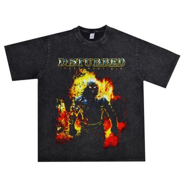 直噴搖滾樂團另類金屬Disturbed樂隊水洗做舊T恤短袖寬松純棉男女