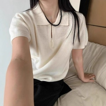 冰絲針織衫女  2026夏季半拉鍊設計感冰絲針織衫女款法式翻領別緻短袖打底衫短款上衣WHh
