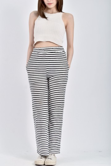 (S) pazzo高腰鬆緊腰條紋白色長褲