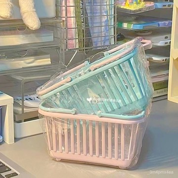 🔥臺灣出貨🔥可愛馬卡龍色手提收納籃粉色少女心貼紙文具雜物飾品桌麵收納籃子 QUXI