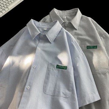 條紋短袖襯衫男潮牌潮流復古襯衣夏季薄款寬松外套高級感半袖寸衫