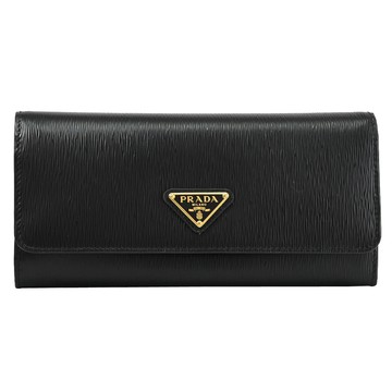 PRADA 1MH132 三角LOGO水波紋翻蓋雙扣式長夾.黑
