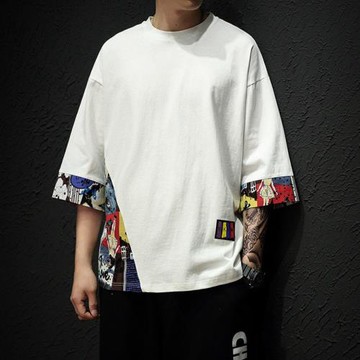 純棉短袖t恤男夏季大碼男裝七分袖上衣服中國風復古半袖7分袖體恤