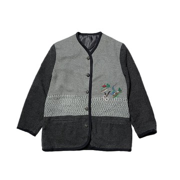 古著歐洲中長版深灰拼色刺繡羊毛罩衫