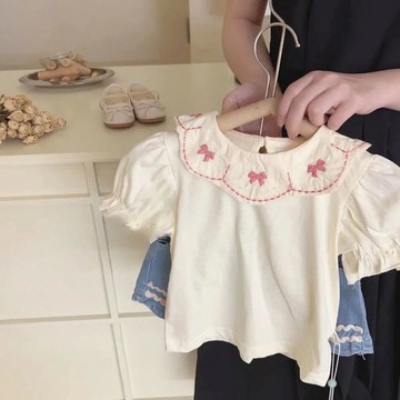 🎀biubiu童裝🎀【森系女童甜美寶寶上衣刺繡娃娃衫+短褲兩件套洋氣套裝新款
