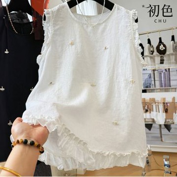 初色 韓系棉麻貝殼釘珠木耳邊無袖上衣背心女背心-共2色-14216(M-2XL可選)