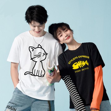 現貨 情侶裝 圓領純棉T恤 MIT台灣製【YC406】短袖 貓咪愛魚骨 快速出貨 加大尺寸 情侶T