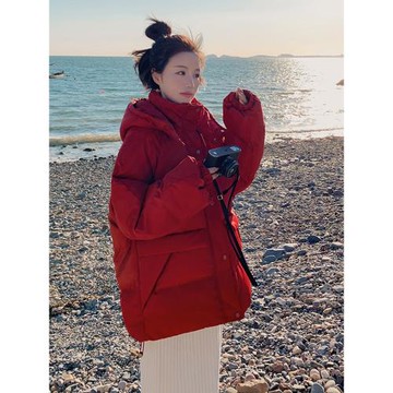 韓版紅色羽絨棉服女2025冬季新款保暖小個子高級感加厚連帽面包服
