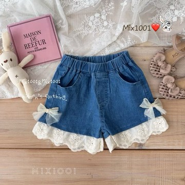 🌈✨mix1001甜美閃亮蝴蝶結🎀造型牛仔短褲✨兒童拼接緹花短褲 5-17