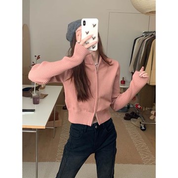 雙拉鏈立領針織開衫女春秋冬季新款修身短款正肩毛衣內搭長袖上衣