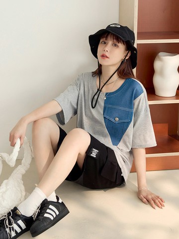 仿牛仔拼接造型口袋寬鬆短袖上衣