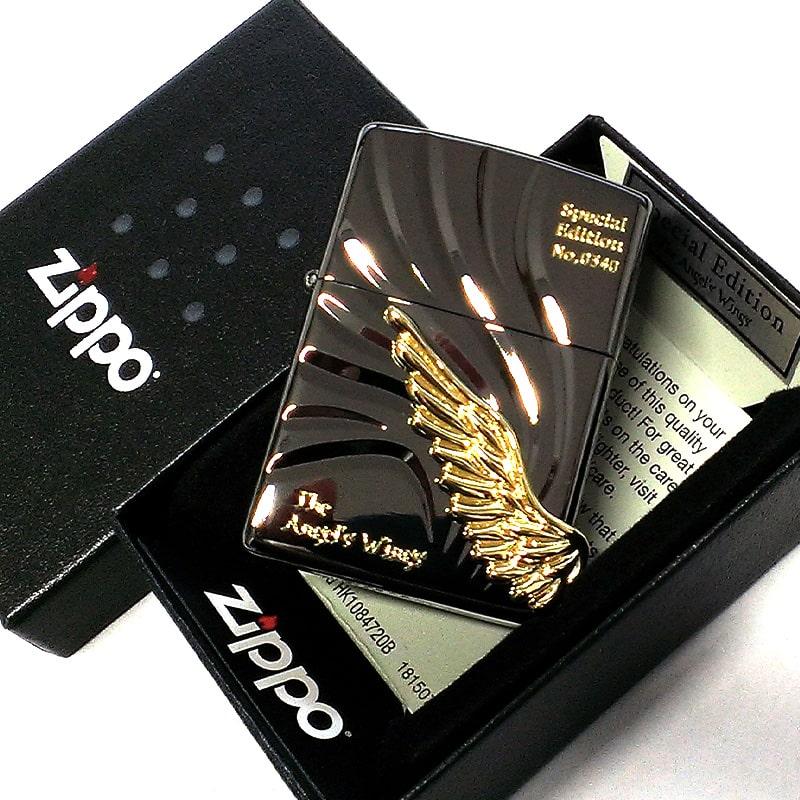 ZIPPO ライター エンジェルウイング 限定 天使の羽 ブラックニッケル ジッポ 大型メタル シリアルNO刻印 かっこいい 金差し