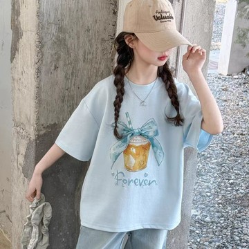 Healthy baby 女童純棉短袖T恤夏季夏裝新款印花洋氣大童兒童休閒上衣t恤潮短袖 T恤 女童短袖 儿童上衣